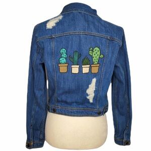 CACTUS cacti succulent hand painted distressed denim jacket M‎
